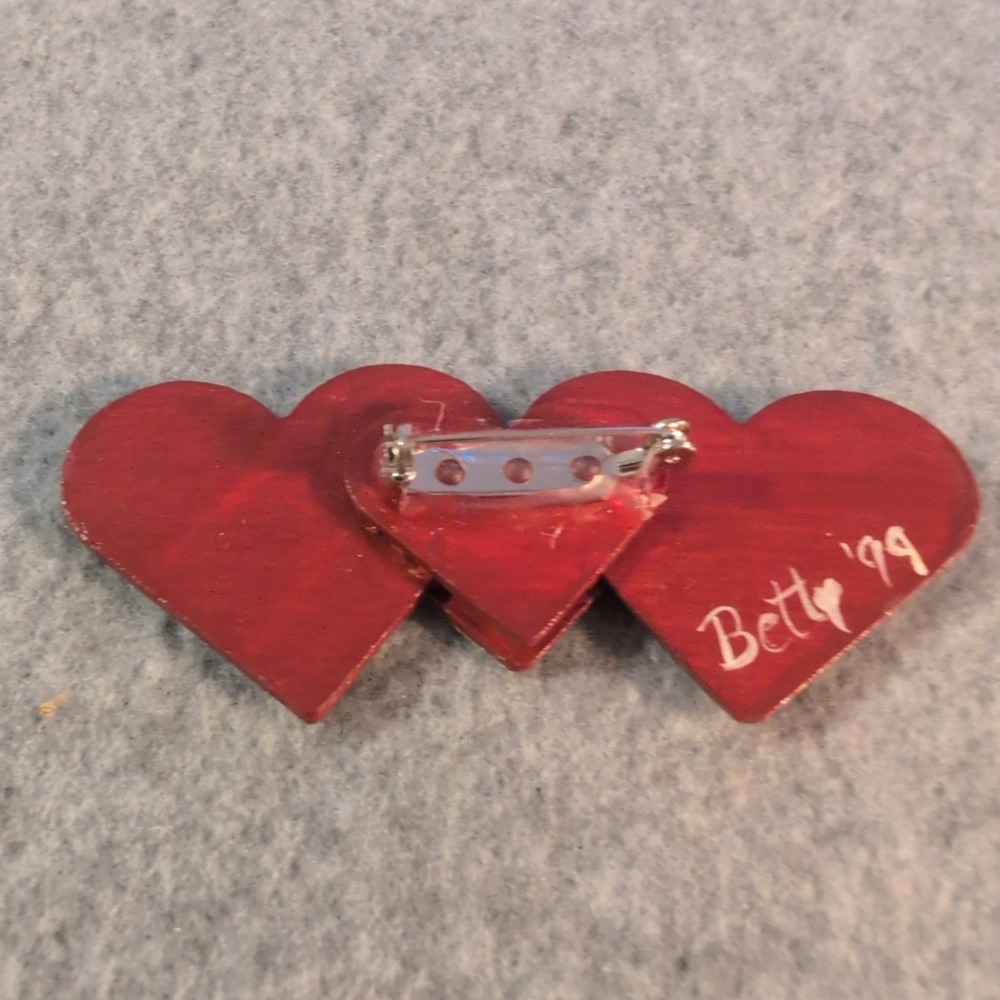 Handmade Triple Heart Brooch Pin Red Cream Valentine Rustic Folk Art - Picture 2 of 3